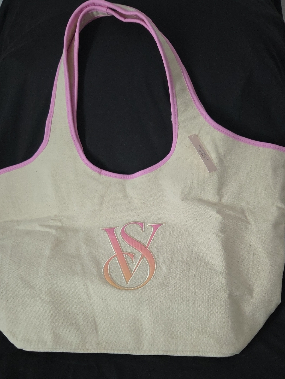Victoria's Secret Cream Canvas Tote with Pink Trim